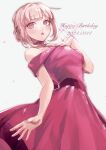  1girl :o absurdres bare_shoulders brown_hair choker danganronpa_(series) danganronpa_10th_anniversary_costume danganronpa_2:_goodbye_despair dated dress happy_birthday highres kado_51 nanami_chiaki official_alternate_costume official_alternate_hairstyle pink_choker pink_dress red_dress short_hair short_sleeves solo 