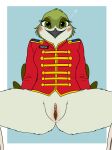 absurd_res anthro avian bird bodily_fluids boots bottomless bottomless_female clothed clothing female fish_birb footwear formal_wear genital_fluids genitals hi_res hummingbird looking_at_viewer marching marching_band marching_band_uniform narrowed_eyes presenting presenting_pussy pussy sarah_(fish_birb) solo spread_legs spreading stick topwear uniform