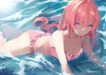  1girl absurdres amagase_muyu bare_shoulders bikini breasts cleavage closed_mouth collarbone frilled_bikini frills hair_between_eyes highres long_hair looking_at_viewer lying medium_breasts nijisanji non-web_source nyankumo partially_submerged pink_bikini pink_eyes pink_hair purple_eyes smile solo swimsuit water 