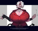  areola big_breasts blush breasts cigarette cleavage clothed clothing demon demon_humanoid dialogue english_text female fully_clothed hair helltaker hi_res horn horned_humanoid huge_breasts humanoid jewelry krekk0v necklace nipple_outline smoking solo text white_hair wide_hips zdrada_(helltaker) 