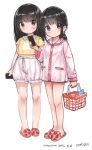  2girls artist_name black_eyes black_hair bloomers blush cellphone comodomodo full_body legs long_hair looking_at_viewer multiple_girls no_pants original phone pink_footwear pink_shirt ponytail shirt shopping_basket short_sleeves slippers smartphone standing thighs white_bloomers yellow_shirt 