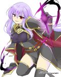  1girl alternate_costume arm_up armor belt breasts corruption dark_persona evil_smile facial_mark fire_emblem fire_emblem:_genealogy_of_the_holy_war forehead_mark julia_(fire_emblem) large_breasts long_hair magic mind_control multiple_belts purple_hair red_eyes shoulder_armor smile solo thighhighs thighs yukia_(firstaid0) 