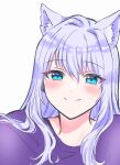  1girl animal_ear_fluff animal_ears blue_eyes cat_ears closed_mouth commentary_request highres long_hair looking_at_viewer noripro purple_hair purple_shirt shirayuki_mishiro shirt simple_background smile solo upper_body virtual_youtuber white_background yuri_kyanon 