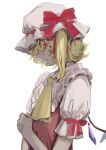  1girl ascot blonde_hair bow collar crystal crystal_wings curly_hair eyelashes flandre_scarlet frilled_collar frilled_headwear frills frown hat hat_bow highres looking_at_viewer looking_back mob_cap multicolored_wings one_side_up puffy_short_sleeves puffy_sleeves red_bow red_eyes red_vest shirt short_hair short_sleeves side_ponytail simple_background sleeve_bow solo touhou ue_toono_(atano) vest white_headwear wings yellow_ascot 