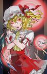  ascot blonde_hair bow crystal crystal_wings curly_hair eyelashes fangs flandre_scarlet frilled_cuffs frilled_headwear frilled_skirt frills hair_between_eyes hat hat_bow highres looking_at_viewer mob_cap multicolored_wings one_side_up open_mouth puffy_short_sleeves puffy_sleeves red_bow red_eyes red_skirt red_vest shirt short_sleeves skirt skirt_set sleeve_bow touhou ue_toono_(atano) vampire vest white_headwear white_shirt wings wrist_cuffs yellow_ascot 