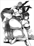  2girls animal_ears arm_up ass blush breasts fake_animal_ears fake_tail fur_shawl greyscale hair_ornament highres japanese_clothes kimono kneeling kojima_saya large_breasts looking_at_viewer monochrome multiple_girls open_mouth original rabbit_ears rabbit_tail shawl short_hair simple_background smile tabi tail tassel thigh_strap white_background wide_sleeves 