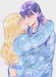  2girls absurdres arms_around_neck blonde_hair blue_shirt blush commentary_request dated grey_background hands_on_another&#039;s_back highres hug kiss long_hair long_sleeves multiple_girls noses_touching original parted_lips pink_eyes purple_eyes purple_hair shirt simple_background smile twitter_username yuri yuri_kyanon 