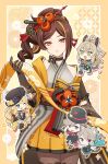  1boy 4girls absurdres animal_ears blonde_hair blue_eyes brown_eyes brown_gloves brown_hair cat_ears cat_tail chiori_(genshin_impact) drill_hair genshin_impact gloves green_eyes grey_kimono hair_ornament hat highres itsumiruka japanese_clothes kimono kirara_(genshin_impact) long_hair looking_at_viewer lynette_(genshin_impact) lyney_(genshin_impact) multicolored_hair multiple_girls navia_(genshin_impact) pantyhose purple_eyes red_eyes skirt tail top_hat yellow_skirt 