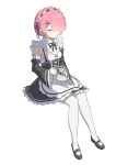 1girl absurdres breasts closed_eyes closed_mouth cup detached_sleeves dress full_body hair_ornament hair_over_one_eye hair_ribbon highres holding holding_plate holding_saucer invisible_chair maid maid_headdress pink_hair plate purple_ribbon q_haoyu ram_(re:zero) re:zero_kara_hajimeru_isekai_seikatsu ribbon roswaal_mansion_maid_uniform saucer shoes short_hair simple_background sitting small_breasts solo thighhighs white_background white_thighhighs x_hair_ornament 