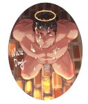  1boy :/ abs bara black_hair border chastity_cage cum cum_on_body cum_on_male cum_on_pectorals facial flaming_halo from_above halo highres implied_yaoi kneeling large_pectorals looking_at_viewer male_focus mature_male muscular muscular_male nipples one_eye_closed pectorals ragi_san_(ononokomachiimo) short_hair solo thick_eyebrows thighs tokyo_afterschool_summoners white_border white_day zabaniyya_(housamo) 