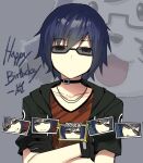  1boy angry bangs black_gloves blue_hair choker closed_eyes closed_mouth collarbone crossed_arms dog glasses gloves highres holarula hood hooded_jacket jacket looking_at_viewer open_clothes open_jacket open_mouth original red_shirt shirt short_hair sky-freedom smile solo upper_body 