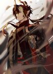  1boy absurdres arknights chong_yue_(arknights) dragon_boy dragon_horns ear_piercing highres horns long_hair male_focus multicolored_hair piercing pointy_ears sand shirt solo solo_focus white_background white_shirt wind zhongyaobuzhongyao 