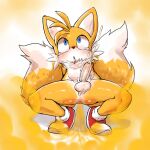  2_tails anthro anus balls blush bodily_fluids canid canine crouching cum cumshot ejaculation fart fart_cloud fart_fetish fox foxtanukiboy genital_fluids genitals hi_res male mammal miles_prower multi_tail nude penis sega solo sonic_the_hedgehog_(series) squatting_position tail tears young 