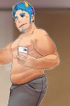  1boy artist_request bara belly blue_hair blush_stickers bulge_peek demon_horns facial_hair from_side goatee_stubble horns huge_eyebrows humanization james_p._sullivan long_sideburns looking_at_viewer monsters_inc. multicolored_hair pants pectorals plump selfie short_hair sideburns solo sparse_navel_hair standing steaming_body streaked_hair stubble topless_male track_pants tusks 
