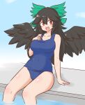  1girl arm_support bird_wings black_hair black_wings blue_one-piece_swimsuit blush bow breasts bright_pupils collarbone commentary_request commission covered_navel green_bow hair_between_eyes hair_bow hair_flaps hand_on_own_chest large_breasts long_hair looking_at_viewer mizusoba one-piece_swimsuit open_mouth red_eyes reiuji_utsuho sitting skeb_commission smile solo swimsuit touhou white_pupils wings 