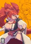  1girl absurdres amputee baiken big_hair black_kimono breasts cleavage eyepatch facial_tattoo guilty_gear guilty_gear_strive highres japanese_clothes kataginu kimono large_breasts long_hair multicolored_clothes multicolored_kimono one-eyed open_clothes open_kimono orange_background pink_hair red_eyes samurai scar scar_across_eye tassel tattoo torn_sleeve yung_khan 