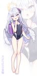  1girl absurdres angel_wings azusa_(blue_archive) backpack bag barefoot blue_archive blush breasts commentary competition_swimsuit covered_navel feathered_wings flower food-themed_hair_ornament full_body hair_flower hair_ornament halo highleg highleg_swimsuit highres looking_at_viewer low_wings mono_(mono_mon) multicolored_clothes multicolored_swimsuit one-piece_swimsuit open_mouth orange_hair_ornament small_breasts solo swimsuit two-tone_swimsuit white_hair white_wings wing_ornament wings yellow_halo 