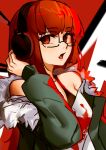  1girl bare_shoulders brown_eyes brown_hair fang glasses green_jacket hand_up headphones highres jacket long_sleeves looking_at_viewer open_clothes open_jacket open_mouth persona persona_5 sakura_futaba shirt skin_fang solo strap_slip upper_body vergil_mon 