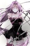  1girl bare_shoulders black_dress black_thighhighs breasts chain cleavage collar detached_sleeves dress facial_mark fate/stay_night fate_(series) forehead forehead_mark glowing glowing_eyes highres kino_kokko large_breasts long_hair looking_at_viewer medusa_(fate) medusa_(rider)_(fate) nameless_dagger_(fate) parted_bangs purple_eyes purple_hair short_dress sidelocks solo thighhighs thighs very_long_hair weapon 