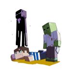  1boy 2others apios black_eyes black_skin blue_sclera blue_shirt bow bowtie brown_hair closed_mouth colored_sclera colored_skin commentary dated_commentary enderman full_body green_skin half-closed_eyes highres holding lying minecraft multiple_others on_stomach pants purple_bow purple_bowtie purple_eyes purple_pants raised_eyebrow shirt short_hair simple_background sketch standing steve_(minecraft) striped striped_shirt traditional_bowtie white_background white_shirt zombie_(minecraft) 