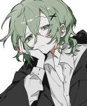  1boy androgynous collared_shirt frown green_eyes green_hair hair_ornament hairclip hand_on_own_cheek hand_on_own_face head_rest highres hood hood_down hoodie long_sleeves looking_at_viewer low_ponytail male_focus mole mole_under_eye original ponytail shirt solo tearing_up w_koj x_hair_ornament 