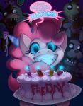  2014 animatronic anthro avian biped bird blue_eyes bonnie_(fnaf) cake candle canid canine chica_(fnaf) chicken dessert dialogue digital_media_(artwork) earth_pony english_text equid equine female female_anthro five_nights_at_freddy&#039;s food foolyguy fox foxy_(fnaf) friendship_is_magic front_view galliform gallus_(genus) group hair hasbro hook_hand horse lagomorph leporid long_hair looking_at_viewer machine male male_anthro mammal my_little_pony open_mouth phasianid pink_body pink_ears pink_hair pink_skin pinkie_pie_(mlp) pony rabbit robot scottgames sharp_teeth smile speech_bubble teeth text 