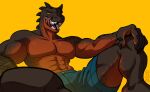  2022 abs anthro biceps bottomwear clothed clothing dinosaur hi_res licking licking_lips licking_own_lips male muscular muscular_arms muscular_male pecs reptile scalie self_lick sharp_teeth shorts silverscarf simple_background solo teeth tongue tongue_out topless topless_male yellow_background 