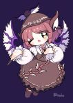  1girl animal_ears bird_ears bird_wings brown_dress brown_headwear brown_nails brown_socks collared_shirt dotaku_(wran8845) dress fingernails frilled_dress frills full_body hat highres kneehighs long_fingernails long_sleeves looking_at_viewer mystia_lorelei nail_polish one_eye_closed open_mouth pink_hair purple_background sharp_fingernails shirt short_hair signature simple_background sleeve_garter socks solo touhou very_long_fingernails white_shirt white_wings winged_hat wings yellow_eyes 