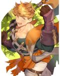  1boy axe battle_axe blonde_hair blush clenched_hand from_above granblue_fantasy green_eyes green_shirt higashigunkan holding holding_axe looking_at_viewer male_focus muscular muscular_male over_shoulder pants pectorals shirt short_hair solo tight_clothes tight_shirt vambraces vane_(granblue_fantasy) weapon weapon_over_shoulder white_pants 