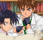  2boys aoyama_goushou_(style) black_gloves blue_eyes blue_hair book bookshelf bowman_jean brown_hair fingerless_gloves gloves green_sweater lab_coat male_focus multiple_boys retro_artstyle scroll short_hair star_ocean star_ocean_ex star_ocean_the_second_story sweater taramo0623 