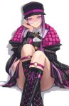  1girl black_footwear boots breasts fate/grand_order fate_(series) glasses highres knee_boots ksfactory large_breasts long_hair long_sleeves looking_at_viewer medusa_(fate) medusa_(saber)_(fate) pink-tinted_eyewear purple_eyes purple_hair round_eyewear smile solo sunglasses tinted_eyewear very_long_hair 