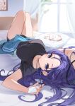  1girl absurdres bed bed_sheet black_shirt blue_archive blue_buruma blue_jacket breasts buruma closed_mouth curtains doodle_sensei_(blue_archive) halo highres indoors jacket long_hair mechanical_halo medium_breasts official_alternate_costume okey purple_eyes purple_hair sensei_(blue_archive) shirt short_sleeves smile solo star_(symbol) track_jacket unworn_jacket window yuuka_(blue_archive) yuuka_(track)_(blue_archive) 