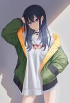  1girl absurdres black_choker black_hair choker crossed_bangs drawstring green_jacket hair_between_eyes hand_in_pocket hand_on_own_head highres hood hoodie ichinose_uruha_(2nd_costume) jacket logo long_long_life looking_at_viewer lupinus_virtual_games multicolored_clothes multicolored_hair multicolored_jacket no_pants open_clothes open_jacket oversized_clothes print_hoodie purple_eyes shadow sidelocks smile streaked_hair sunlight virtual_youtuber vspo! white_hoodie yellow_jacket 