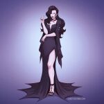  &gt;:) 1girl artist_name asami_sato avatar_legends black_dress black_footwear black_hair black_nails breasts caro_oliveira cleavage dress goth_fashion long_hair looking_at_viewer nail_polish solo the_legend_of_korra thighs v-shaped_eyebrows 