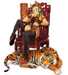  1girl andrewcockroach armband bangs black_thighhighs bottle breasts chair drawing fantasy forehead green_hair highres holding holding_bottle leotard medium_breasts original shoes simple_background sitting smile solo thighhighs tiger white_background wristband 