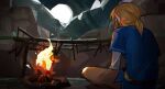  1boy belt blonde_hair blue_shirt bonfire brown_belt brown_pants earrings facing_away from_behind highres jewelry layered_sleeves link long_sleeves male_focus pants pointy_ears ponytail shirt short_over_long_sleeves short_sleeves sitting solo the_legend_of_zelda the_legend_of_zelda:_breath_of_the_wild vergil_mon 