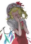  1girl ascot blonde_hair bow collar covering_own_mouth crystal crystal_wings curly_hair eyelashes fangs flandre_scarlet frilled_collar frilled_cuffs frills hair_between_eyes hair_over_eyes hat hat_bow highres looking_at_viewer mob_cap multicolored_wings open_mouth red_bow red_eyes red_skirt red_vest shaded_face shirt short_hair short_sleeves side_ponytail simple_background skirt skirt_set solo touhou ue_toono_(atano) vampire vest white_background white_headwear white_shirt wings wrist_cuffs yellow_ascot 