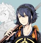  1boy 1girl alternate_hairstyle apron armor blue_hair fire_emblem fire_emblem_fates hinata_(fire_emblem) holding holding_polearm holding_weapon hotate_rayan japanese_armor japanese_clothes naginata oboro_(fire_emblem) orange_apron polearm weapon yellow_eyes 