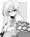  1girl bare_shoulders blush circlet dress fire_emblem fire_emblem:_genealogy_of_the_holy_war hand_on_own_chest julia_(fire_emblem) long_hair looking_at_viewer monochrome simple_background smile solo yukia_(firstaid0) 