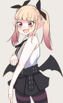  1girl black_skirt blonde_hair blush_stickers eyebrows_hidden_by_hair feet_out_of_frame flat_chest hime-sama_&quot;goumon&quot;_no_jikan_desu himemiya_aisu long_bangs looking_ahead low_wings multicolored_hair pink_eyes pointy_ears sharp_teeth shirt short_twintails simple_background skirt sleeveless sleeveless_shirt slit_pupils smile solo streaked_hair striped_clothes striped_thighhighs teeth thighhighs twintails vampire vanilla_peschutz white_shirt wings 