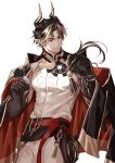  absurdres arknights chong_yue_(arknights) cup dragon_boy dragon_horns highres holding holding_cup horns long_hair looking_to_the_side male_focus pants ponytail shirt sleeveless sleeveless_shirt smilychance solo solo_focus white_background white_pants white_shirt 