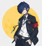  1boy 9yuki armband belt black_jacket black_ribbon blue_hair closed_mouth collared_shirt cowboy_shot digital_media_player gekkoukan_high_school_uniform grey_eyes hair_over_one_eye hands_in_pockets headphones headphones_around_neck highres jacket long_sleeves looking_at_viewer male_focus neck_ribbon open_clothes open_jacket persona persona_3 persona_3_reload ribbon s.e.e.s school_uniform shirt short_hair solo white_shirt yuuki_makoto_(persona_3) 