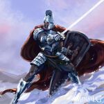  1boy armor artist_name balder_knight breastplate cape dark_souls_(series) dark_souls_i gauntlets helmet highres holding holding_shield holding_sword holding_weapon kite_shield knight male_focus menaslg mountainous_horizon red_cape shield shoulder_armor sky snow solo sword teeth undead visor_(armor) weapon 