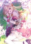  1girl ahoge animal_ears black_footwear blonde_hair blurry blurry_foreground bow bow_legwear cherry_blossoms cone_hair_bun detached_sleeves dress falling_petals fang floating_hair frilled_dress frills hair_between_eyes hair_bow hair_bun hikikomari_kyuuketsuki_no_monmon long_hair looking_at_viewer lying multicolored_hair official_art on_side open_mouth outdoors petals pink_dress pink_hair rabbit_ears red_eyes riichu short_sleeves smile solo terakomari_gandezblood thighhighs white_thighhighs yellow_bow zettai_ryouiki 