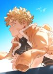  1boy black_shirt blonde_hair blue_sky boku_no_hero_academia brown_jacket closed_mouth collarbone dated earrings fur-trimmed_jacket fur_trim hawks_(boku_no_hero_academia) jacket jacket_on_shoulders jewelry leaning looking_ahead male_focus outdoors pon52io scar scar_on_face shirt sky solo 