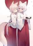  2girls animal_ears blonde_hair closed_eyes hair_between_eyes hair_ornament hairclip hakama highres hip_vent holding japanese_clothes kimono leaning_forward long_hair miko multiple_girls original red_eyes red_hakama short_hair smile standing tail tokuno_yuika very_long_hair white_hair white_kimono wide_sleeves 