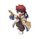  1boy bell black_headband blue_eyes brown_pants chibi full_body hanbok headband holding holding_staff jingle_bell korean_clothes long_sleeves looking_at_viewer male_focus messy_hair official_art open_mouth pants ragnarok_online red_hair shakujou shirt shoe_soles short_hair simple_background smile solo soul_linker_(ragnarok_online) staff standing tachi-e transparent_background white_footwear white_shirt yuichirou 