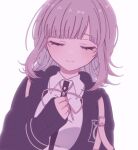  1girl backpack bag black_jacket black_shirt blush chi_gu clenched_hand closed_eyes closed_mouth collared_shirt danganronpa_(series) danganronpa_2:_goodbye_despair dress_shirt facing_viewer flipped_hair hand_up highres jacket nanami_chiaki neck_ribbon open_clothes open_jacket pink_ribbon ribbon shirt sleeves_past_wrists smile solo white_shirt 