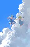  2girls absurdres barefoot blue_dress blue_hair blue_skirt blue_vest cirno closed_eyes cloud cloudy_sky collared_shirt daiyousei day detached_wings dress fairy fairy_wings green_eyes green_hair highres ice ice_wings long_hair multiple_girls open_mouth puffy_short_sleeves puffy_sleeves rangque_(user_vjjs4748) shirt short_hair short_sleeves side_ponytail skirt sky smile touhou vest white_shirt wings 