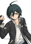  1boy alternate_costume bangs black_gloves brown_eyes clenched_hand closed_mouth collarbone danganronpa_(series) danganronpa_v3:_killing_harmony ewa_(seraphhuiyu) fingerless_gloves gloves grey_shirt hair_between_eyes hand_up highres jacket male_focus open_clothes open_jacket saihara_shuuichi shirt simple_background solo upper_body white_background white_shirt 